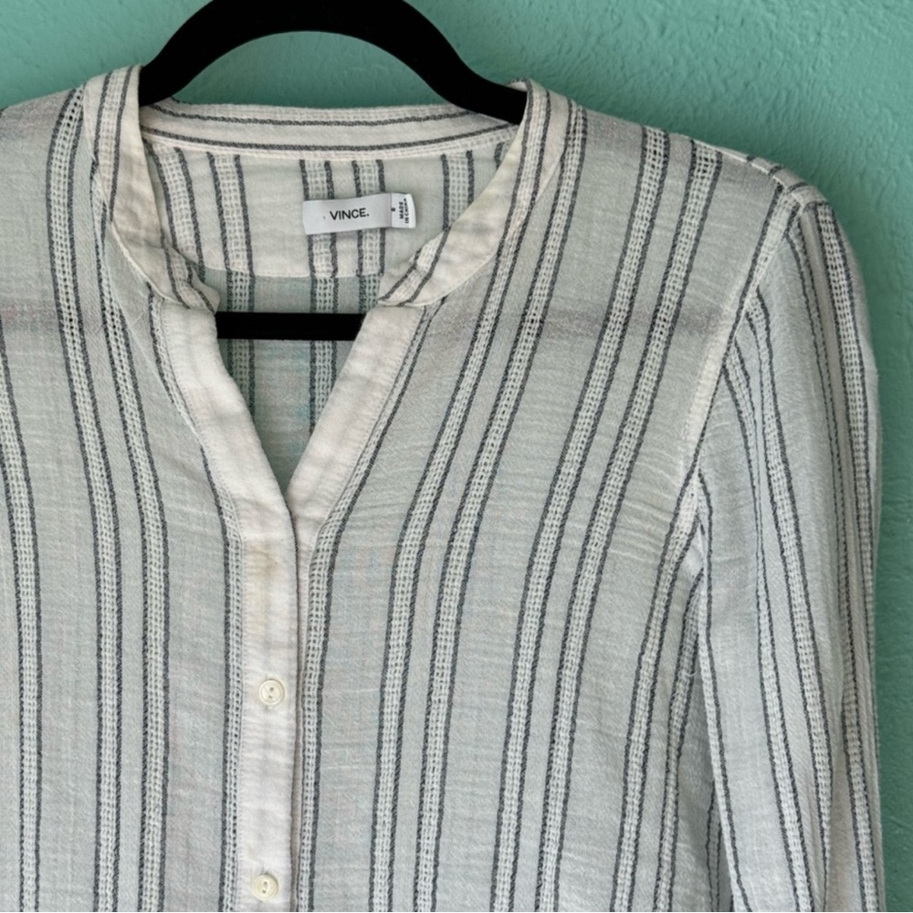 Vince 100% Cotton Gauzy Striped Tea Length Sleeve Blouse - Picture 2 of 8